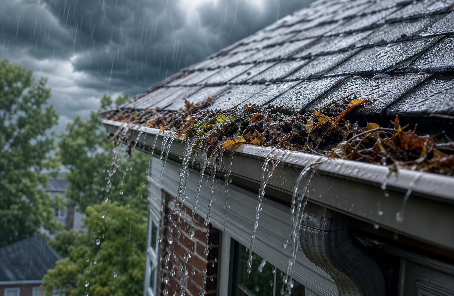 Clogged gutter overflowing with rainwater on a Charlottesville home roofline